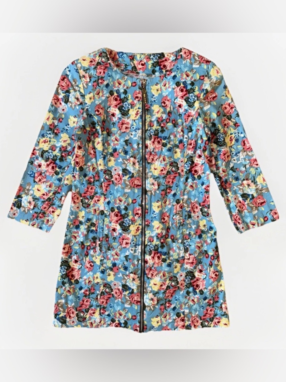 Women’s S Cotton Rose Floral Above Knee Coat Jacket 3/4 Sleeve Fully Zipped Blue